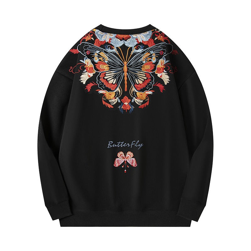 Autumn Zhuangzhou Mengdie embroidery printed round neck longsleeved T shirt trendy retro sports pullover sweatshirt for men