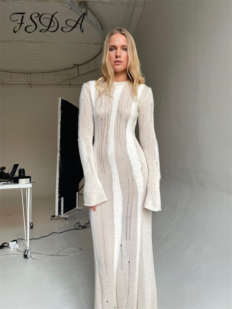 Knitted  O Neck Long Sleeve Sweater Dress Women Autumn Winter Sexy Skinny Bodycon Midi Dresses Casual Y2K Outfits